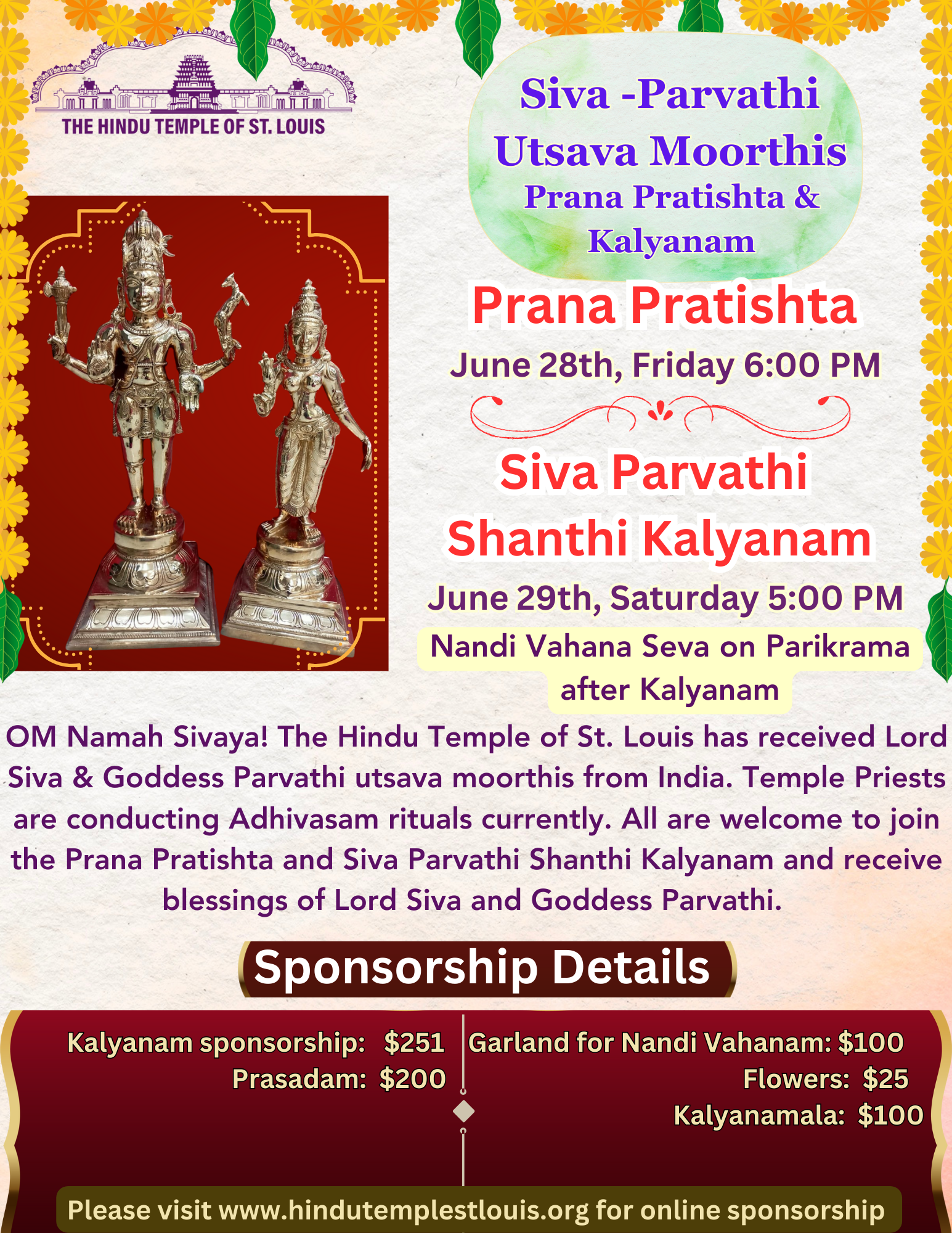 Prana Pratishta – Siva Parvathi Kalyanam- 06/28 & 06/29